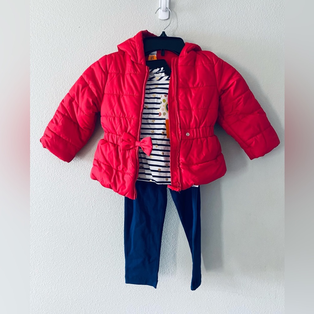 Baby girl toddler 3 piece outfit set puffer jacket 2T leggings hearts brand new